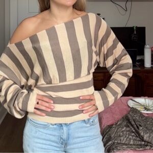 Striped Beige and Brown Off-Shoulder Sweater